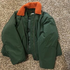 Free People Outpost Bomber Jacket Lush Pine Green Combo Orange Collar